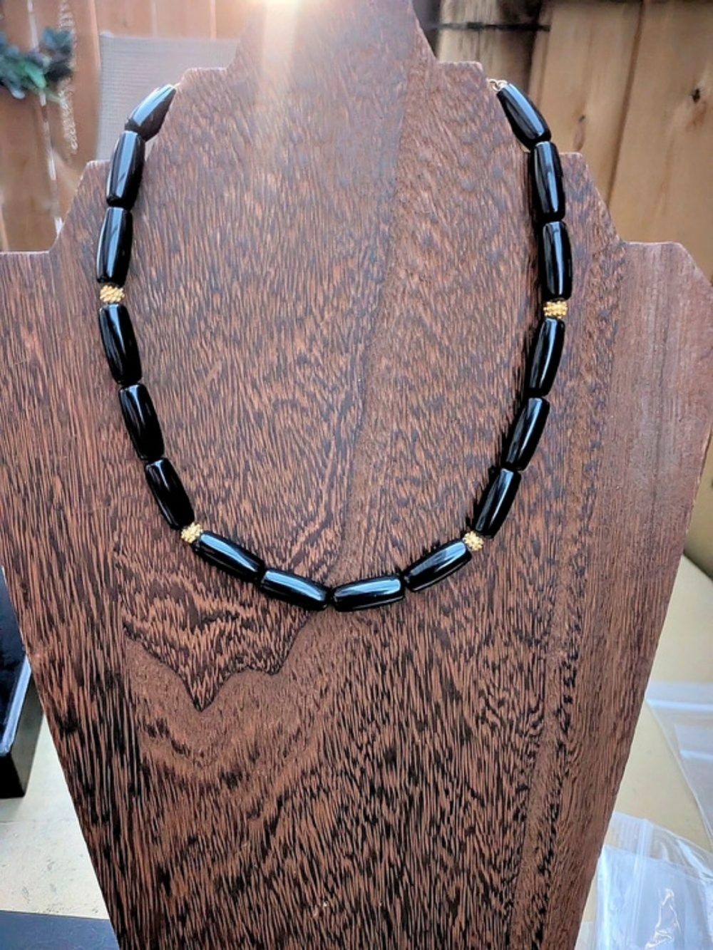 Vintage Black Lucite & Gold-Tone Bead Statement Necklace 17"